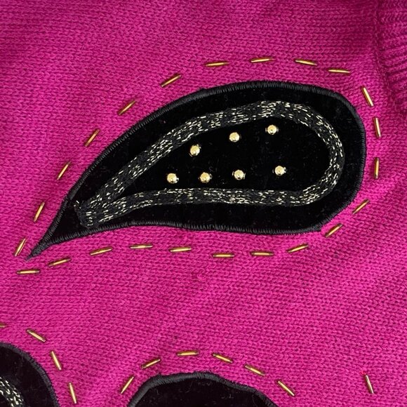 Vintage Velvet Paisley & Beaded Sweater Plus Size 2X 1980s Pink Knit Acrylic - Picture 4 of 5